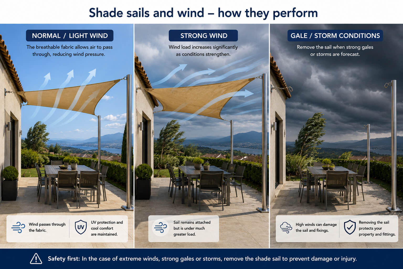 Sonnensegel bei Wind und Schnee: Widerstand, Spannung und sichere Montage